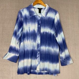 Ali Miles Blouse Womens Large Blue Tie Dye Button Up Lagom Lagenlook Coastal Art
